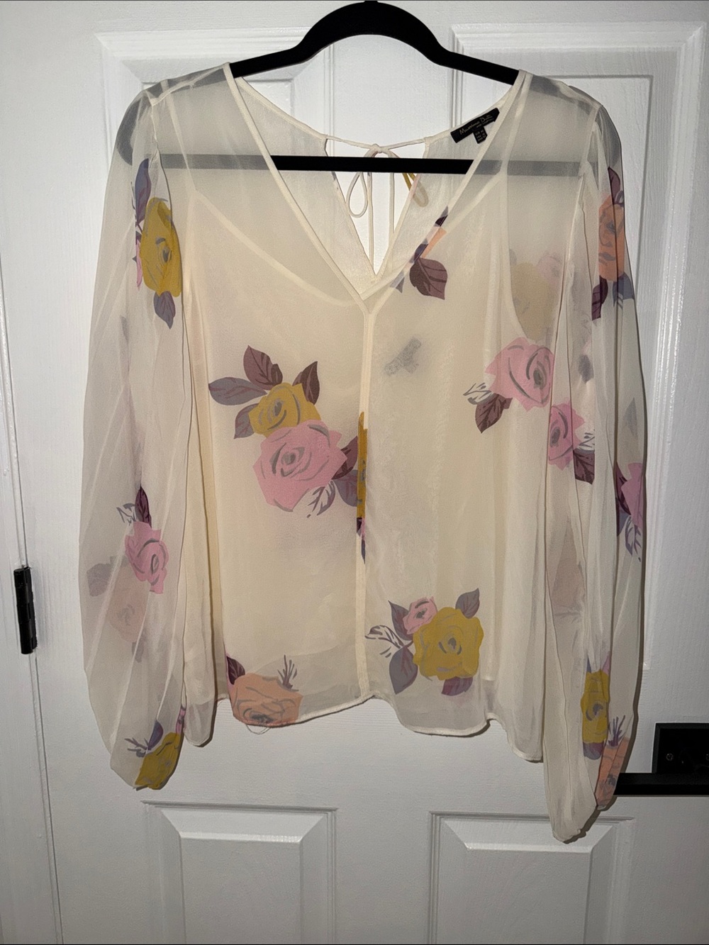 Massimo Dutti Cream Sheer Blouse with Pink and Yellow Rose Print